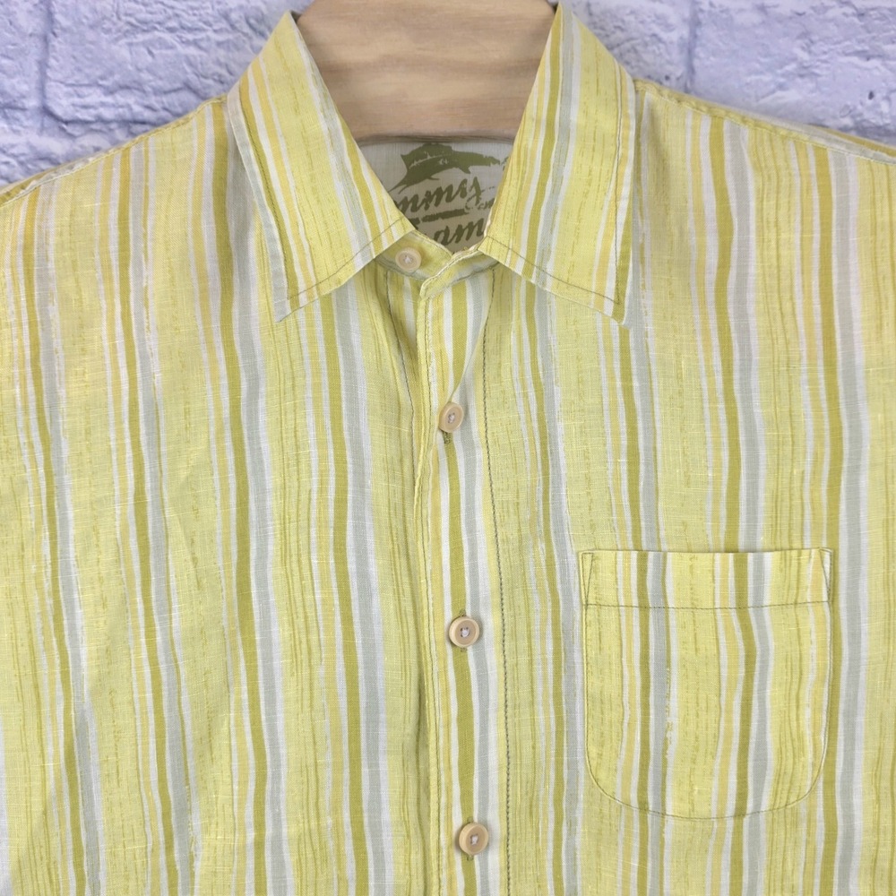 Tommy Bahama Men Linen Yellow Striped Long Sleeve Button Up Shirt‎ Size Medium